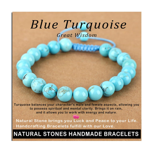 AD Beads 8mm Blue Turquoise - Wisdom - Handmade Natural Stone Crystal Bracelet with Adjustable Macrame String - Yoga Healing Power Energy Gifts for Men and Women