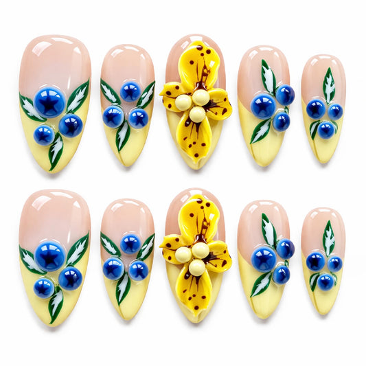 Threelegscat Handmade Almond Press on Nails-Medium, Yellow 3D Flower Nude Reusable Fake Nails for Women Daily Wear, Party, Dating 10 PCS (Size M)