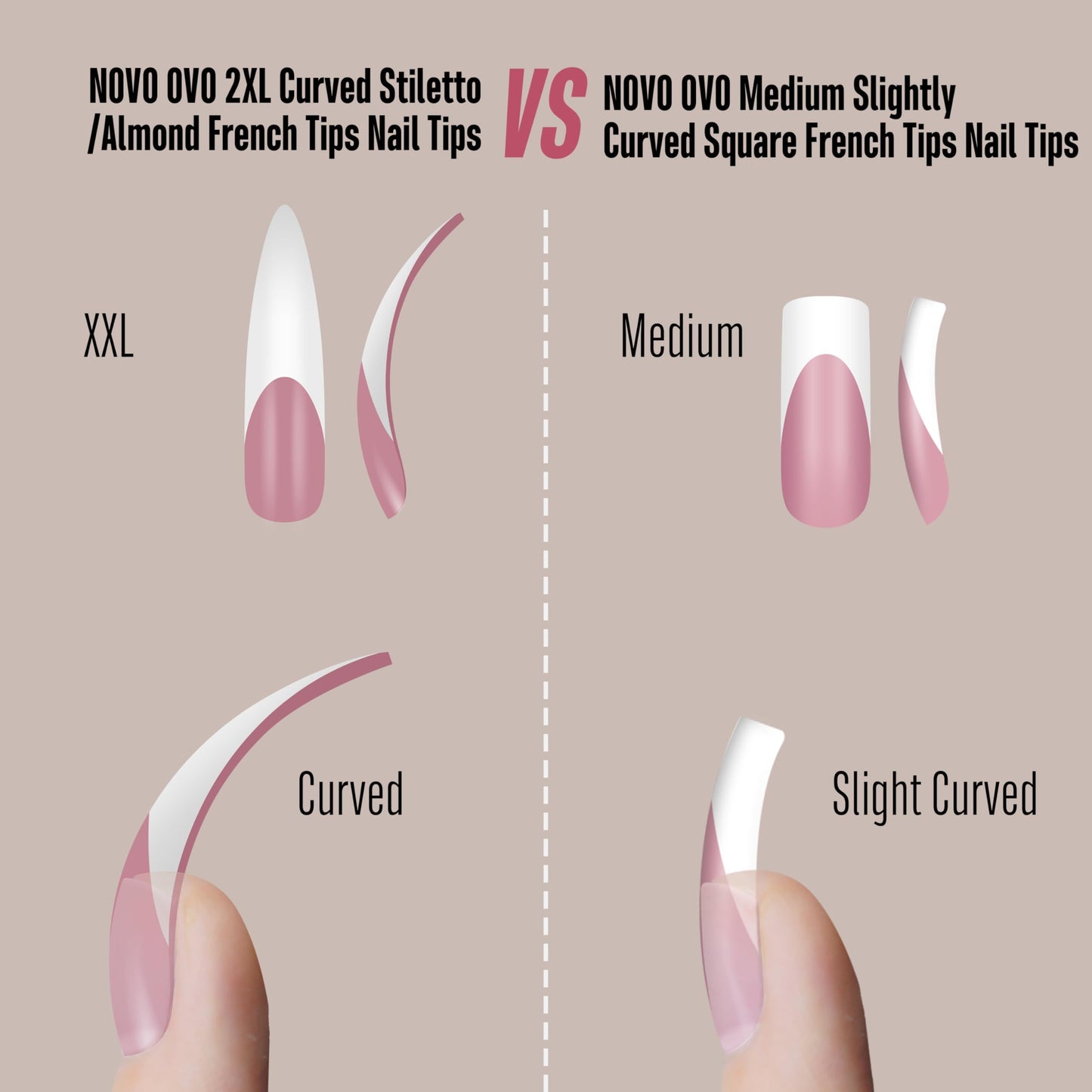 NOVO OVO Halloween XXL Curved Stiletto Almond French Tip Nail Tips, Soft Gel Extra Thick Long Acrylic Hawk Curve Fake Extension, Need Builder Gel & Top Coat, Full Cover Press on DIY 12 Sizes 240 pcs