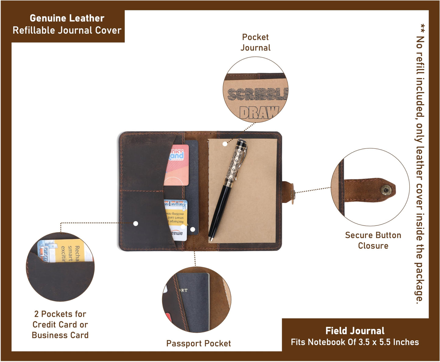 TheAntiq Genuine Leather Refillable Field Notes Cover 3.5 x 5.5" | Handmade Distressed Pocket Journal & Travel Diary Cover with Card Slots, Pen Loop & Passport Pocket Planner Case