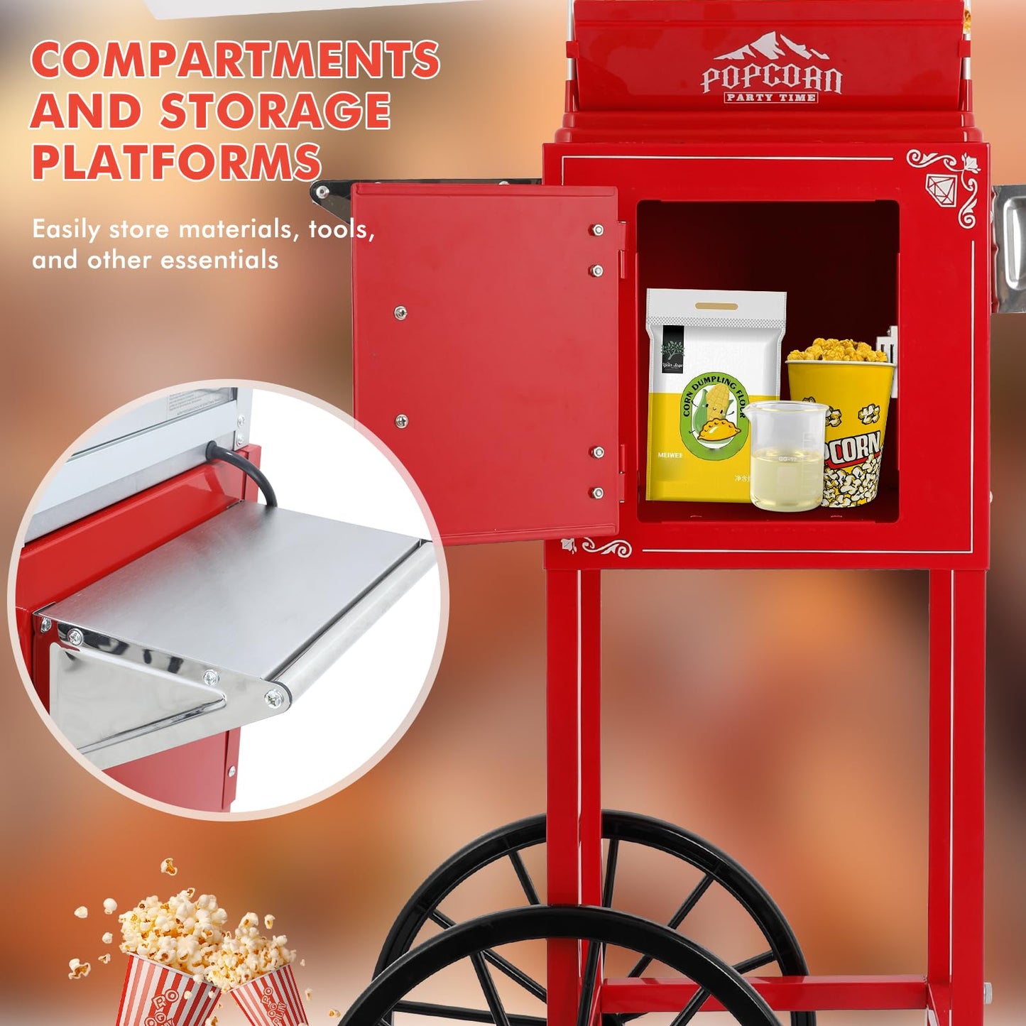 Nyddle Popcorn Machine with Cart, Wheels & 10 Oz Kettle Popcorn Maker, Movie Theater Popcorn Maker Machine, Home Theater Popcorn Popper Measuring 3 Plastic Spoons