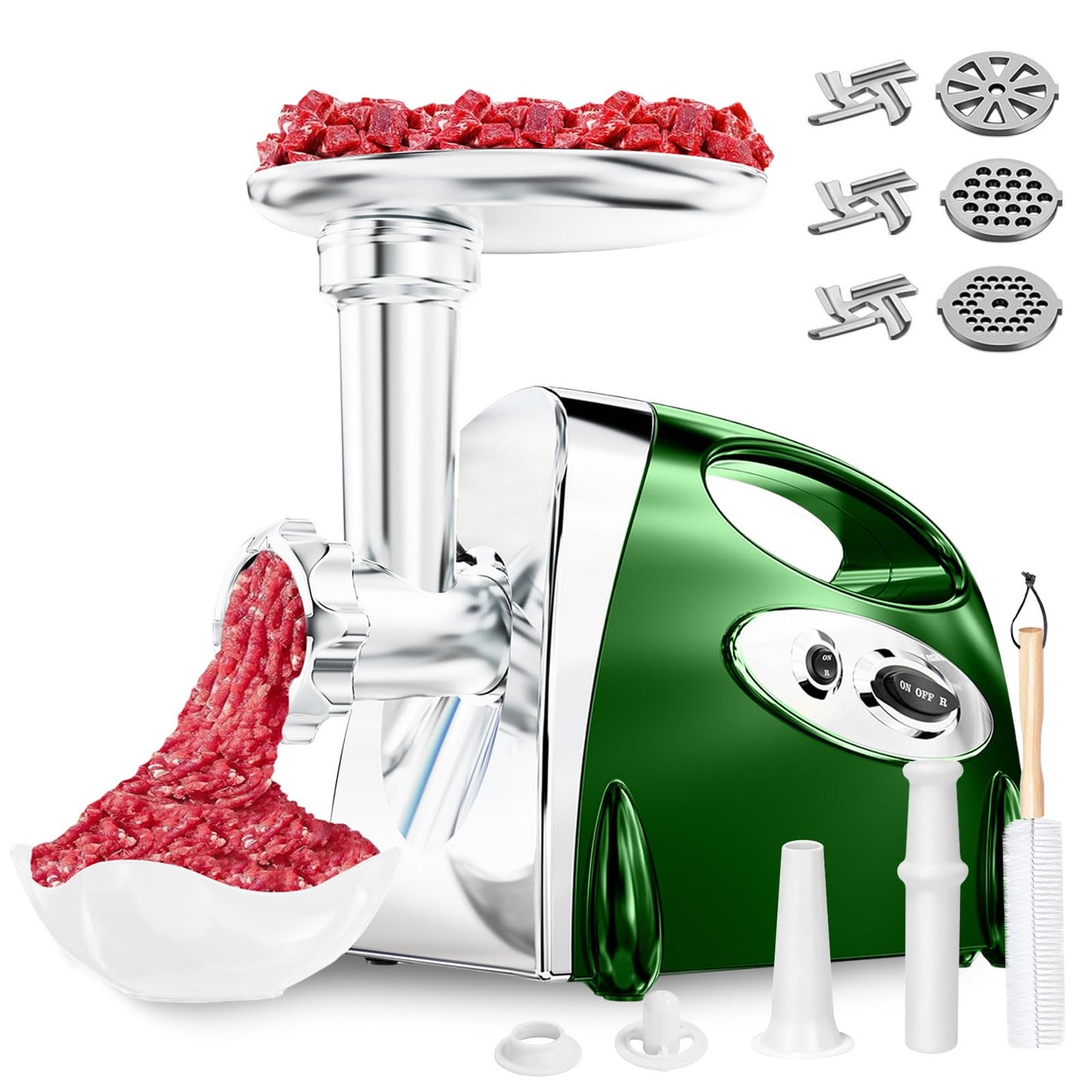 Electric Meat Grinder: [3000W Superior Motor] Meat Grinder with 6 PCS Stainless Steel Blades & Grinding Plates, Sausage Stuffer Tubes & Kubbe Kit Portable Handle for Gift (Green)