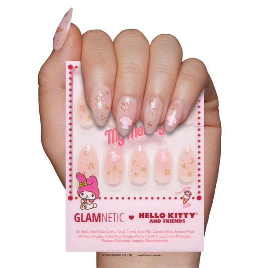 Glamnetic x Hello Kitty® and Friends Press On Nails - My Melody™ | Short Almond Gold Foil 3D Graphic Fake Nails in a Glossy Finish | 15 Sizes - 30 Nail Kit with Glue