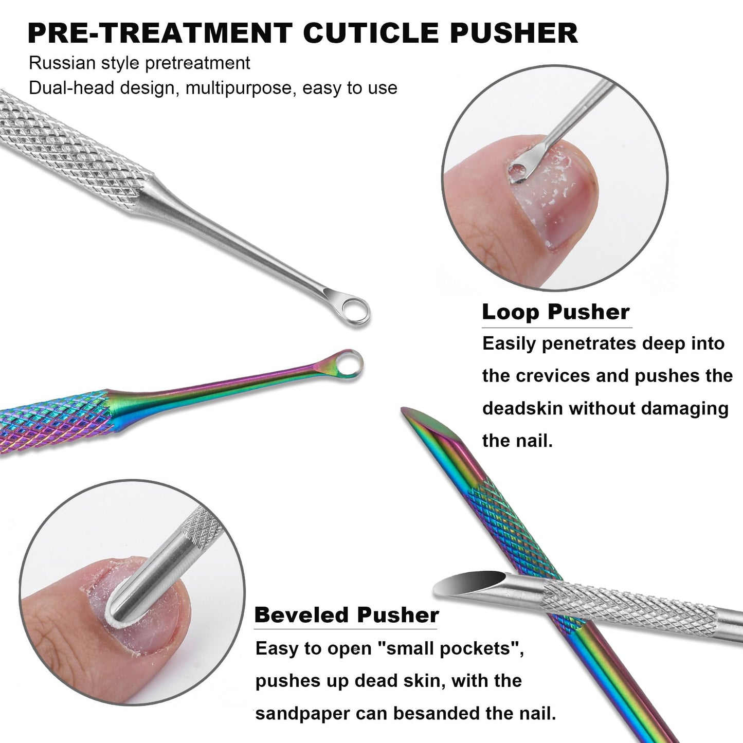 HaimiLiya Pre-treatment Cuticle Pusher, Russian Prep Nail Pushers, Dual Ended Cuticle Remover with 100/180 Grit Sandpaper Sheets, Nail Care for Manicure Pedicure Nail Art
