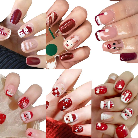 6 Packs (144 Pcs) Christmas Press on Nails Short Square Fake Nails Winter Xmas False Nails with Designs Snowflake Snowman Elk Glue on Nails Full Cover Glossy Acrylic Stick on Nail for Women Manicure