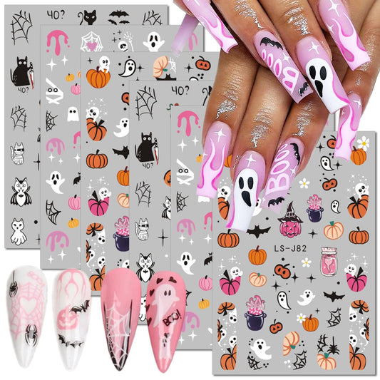 LRKNNO Halloween 3D Nail Stickers, Paper Decals for Women, Ghost, Skull, Pumpkin, Spider, Cat, 6 Sheets