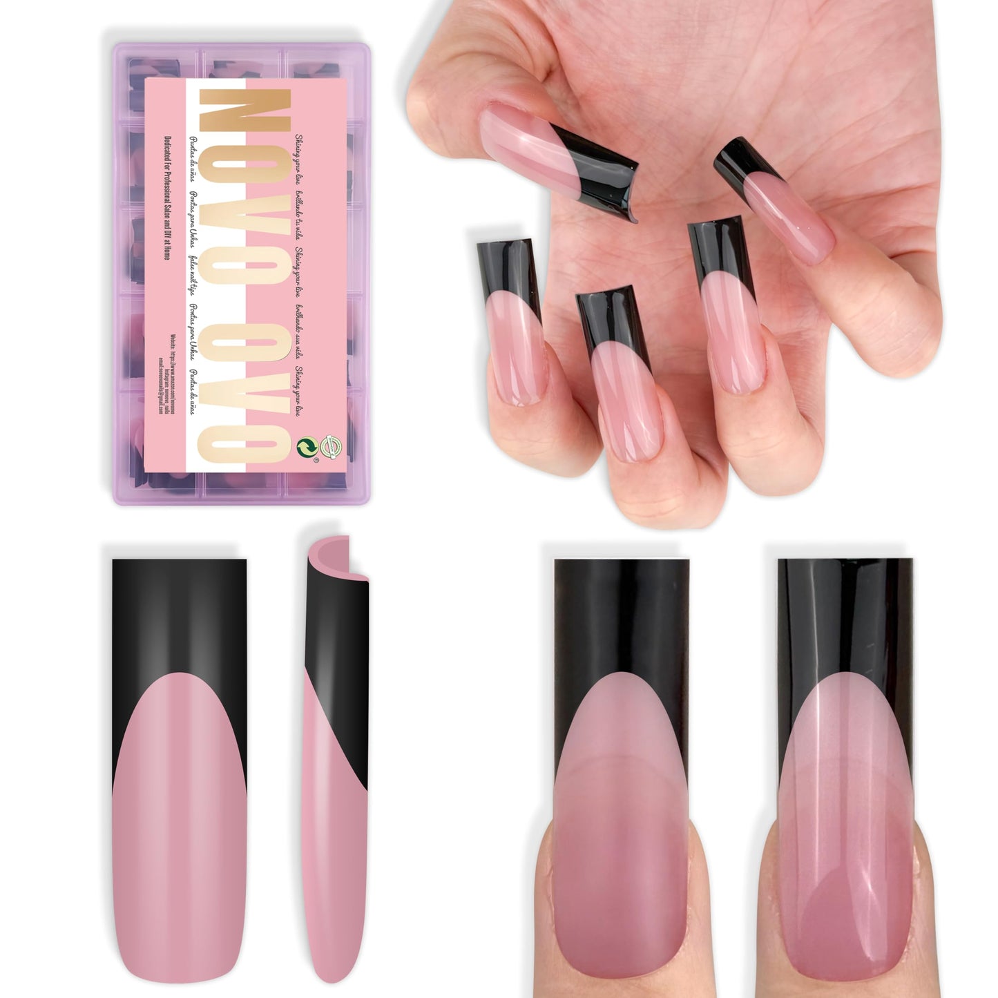 NOVO OVO Long Sharp Square Black French Tip Nail Tips Press on BERRY PINK, Extra Thick NEED Builder Gel & Top Coat & Glue, Soft Gel full Cover False Fake Nail Extension for Salon DIY x 15 Sizes 180 pc