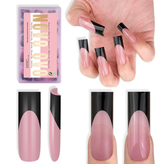 NOVO OVO Long Sharp Square Black French Tip Nail Tips Press on BERRY PINK, Extra Thick NEED Builder Gel & Top Coat & Glue, Soft Gel full Cover False Fake Nail Extension for Salon DIY x 15 Sizes 180 pc