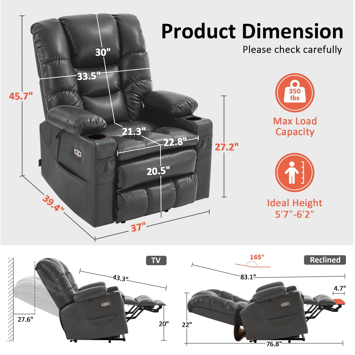 MCombo Large Triple Motor Power Lift Recliner Chair with Massage and Dual Heating, Adjustable Headrest for Tall Elderly People, Faux Leather 7634 (Dark Grey, Large)