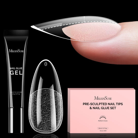 MelodySusie Medium Almond Gel Nail Tips Kit-300Pcs 15Sizes Pre-Building Apex Fake Nail Tips 20gSolid Nail Glue Gel,Half Matte Full Cover Clear Acrylic Nail,Thick Strong Long Lasting for Home DIY&Salon