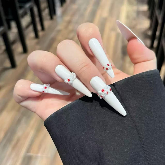 C.Z.Z.T.T.NAILS 24pcs Luxury Long Almond Press On Nails, White Fake Nails with Pearl&Red crystal Accents, Reusable Bridal Nail Art for Weddings, Parties & Special Occasions