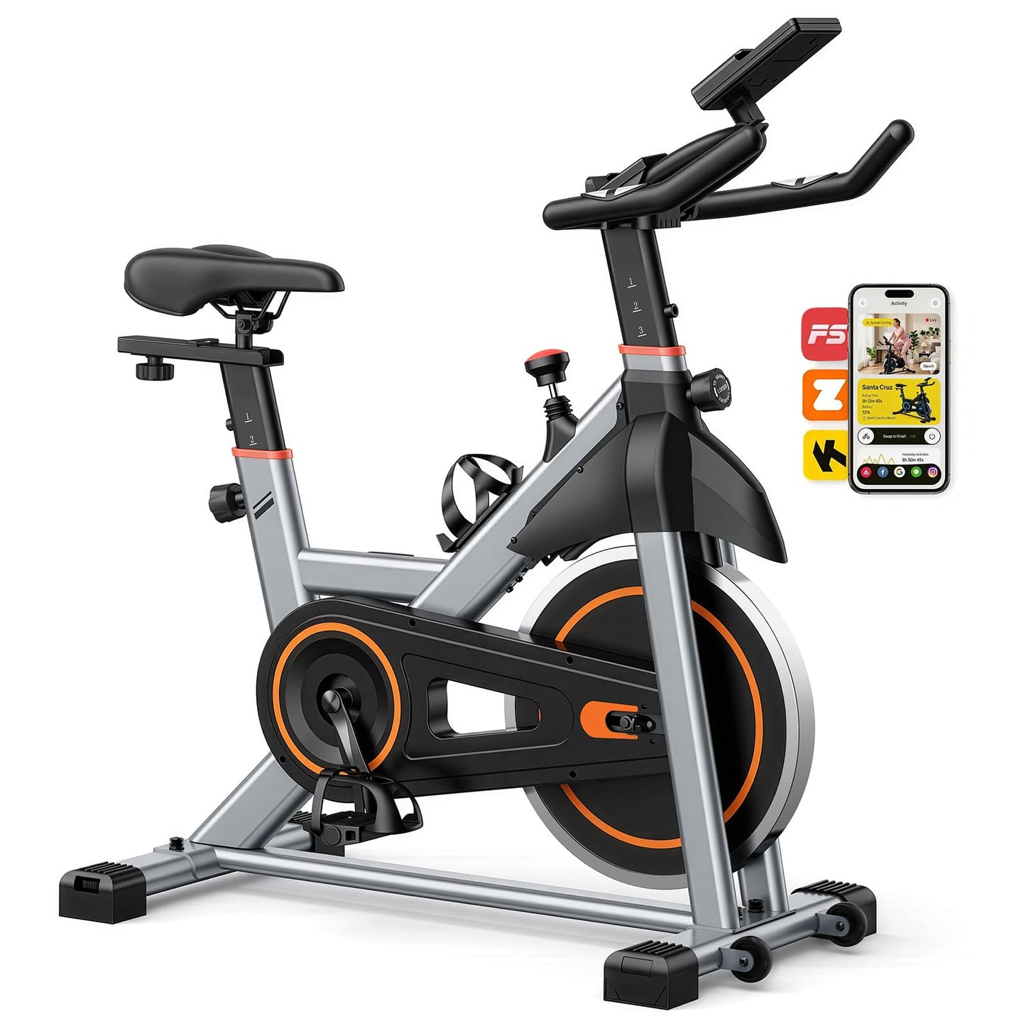 OLIXIS Exercise Bike with APP Control, Brake Pad Stationary Bikes with Quiet Magnetic Resistance, Indoor Cycling Spin Workout Bike with 300.0 lbs Weight Capacity for Living Room, Home, Gym, Orange