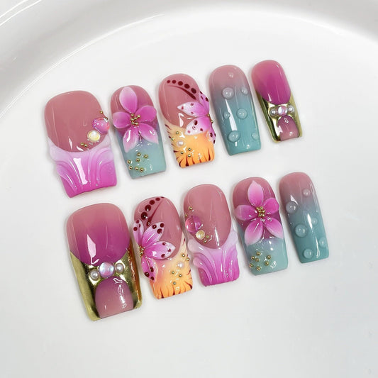 10Pcs Press on Nails Medium Handmade Square Fake Nails with 3D Flower Designs Purple Ombre French Tip False Nails Luxury Glossy Acrylic Nails Press Ons Reusable Stick on Nail for Women (Size M)