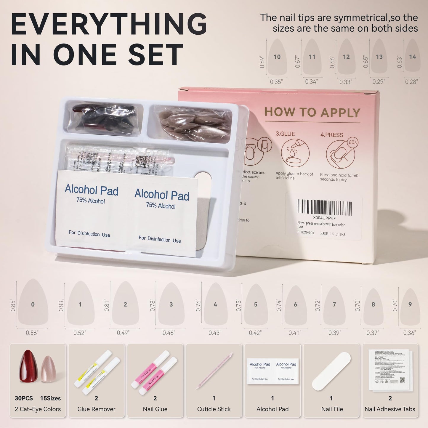ELLEWIN 60 Pcs Cat Eye Press on Nails Medium Almond - Burgundy & Nude, 15 Sizes Acrylic Glossy Glitter Stick on Nails Set with Glue, Remover & Accessories for Women