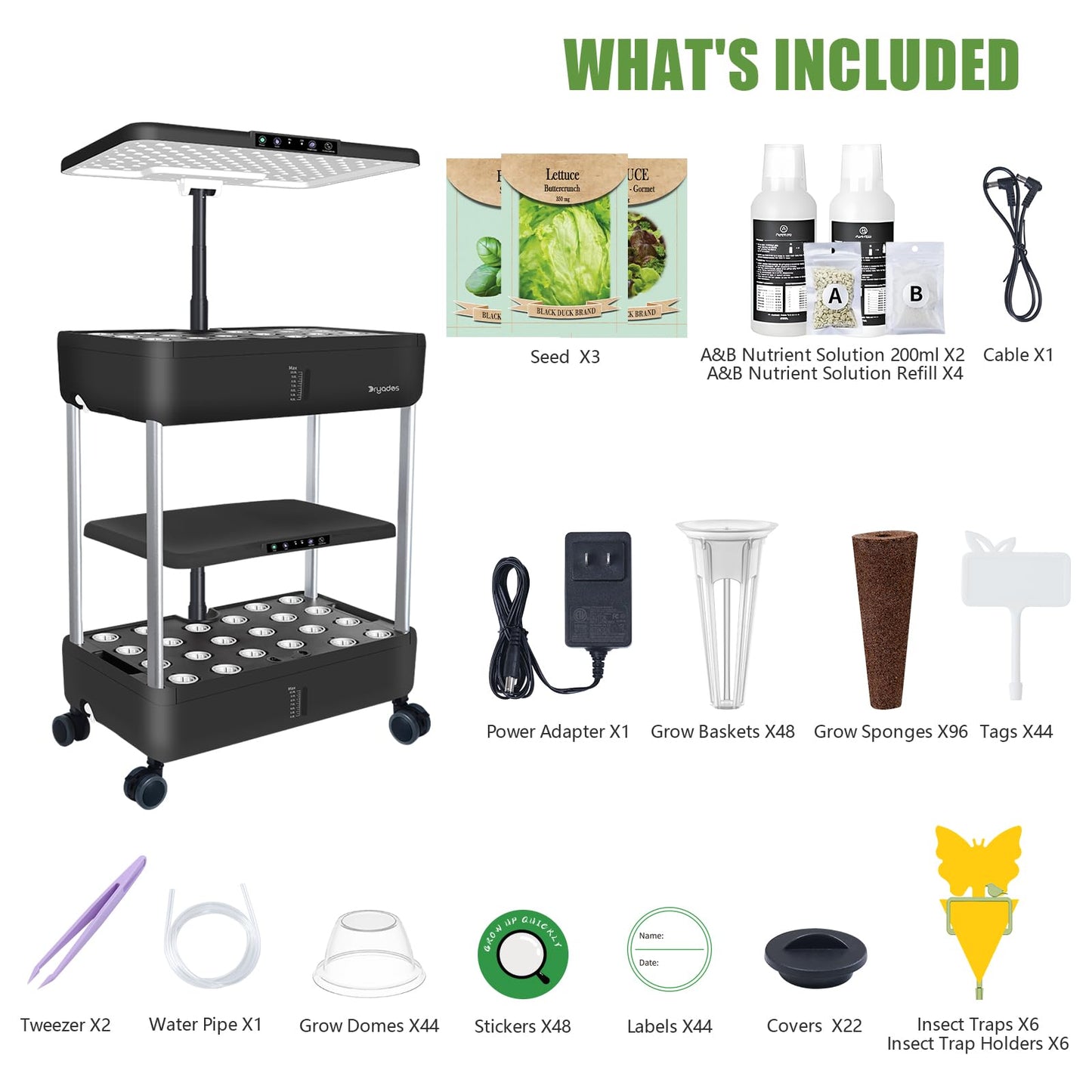 DRYADES 44-Pod Indoor Hydroponic Growing System + 3 Free Seeds Starter Kit (Lettuce, Salad Mixed, Basil Seeds) – Dual 53W Full-Spectrum LED, 10-L Water Tank, 2-Tier Grow Pods (44 Pods)