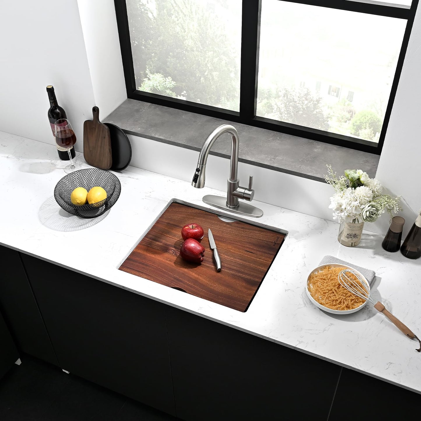 EcoChannels Undermount Kitchen Sink, 21 x 19 Inch Sink Kitchen 16 Gauge Stainless Steel Kitchen Sinks Single Bowl Workstation Sink with Cutting Board