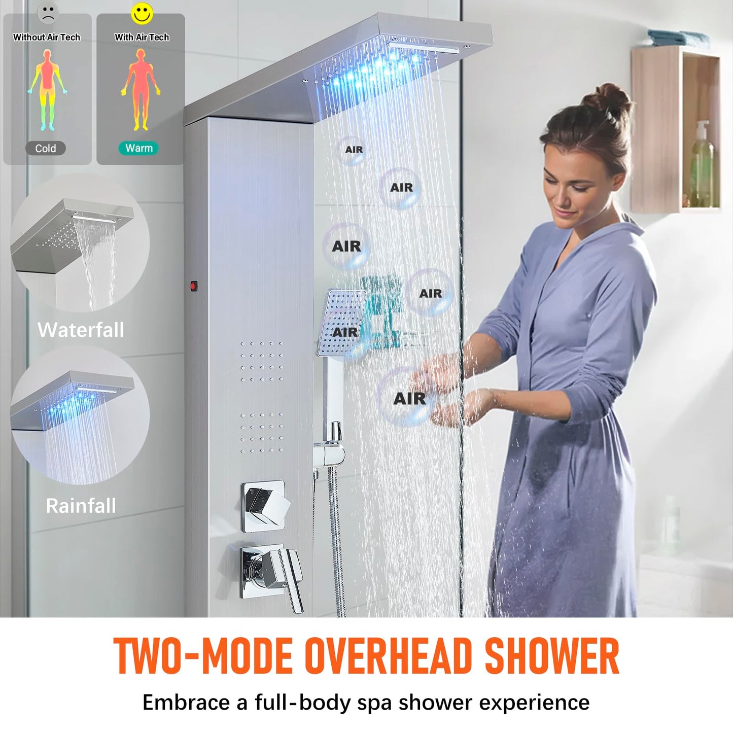 FUZ Shower Panel Tower System, Stainless Steel 5 IN 1 Shower Panel System with LED Fancy Rain Shower Head and Handheld, Adujstable Rainfall Massage Body Jets and Tub Spout, Brushed Nickel Shower Tower
