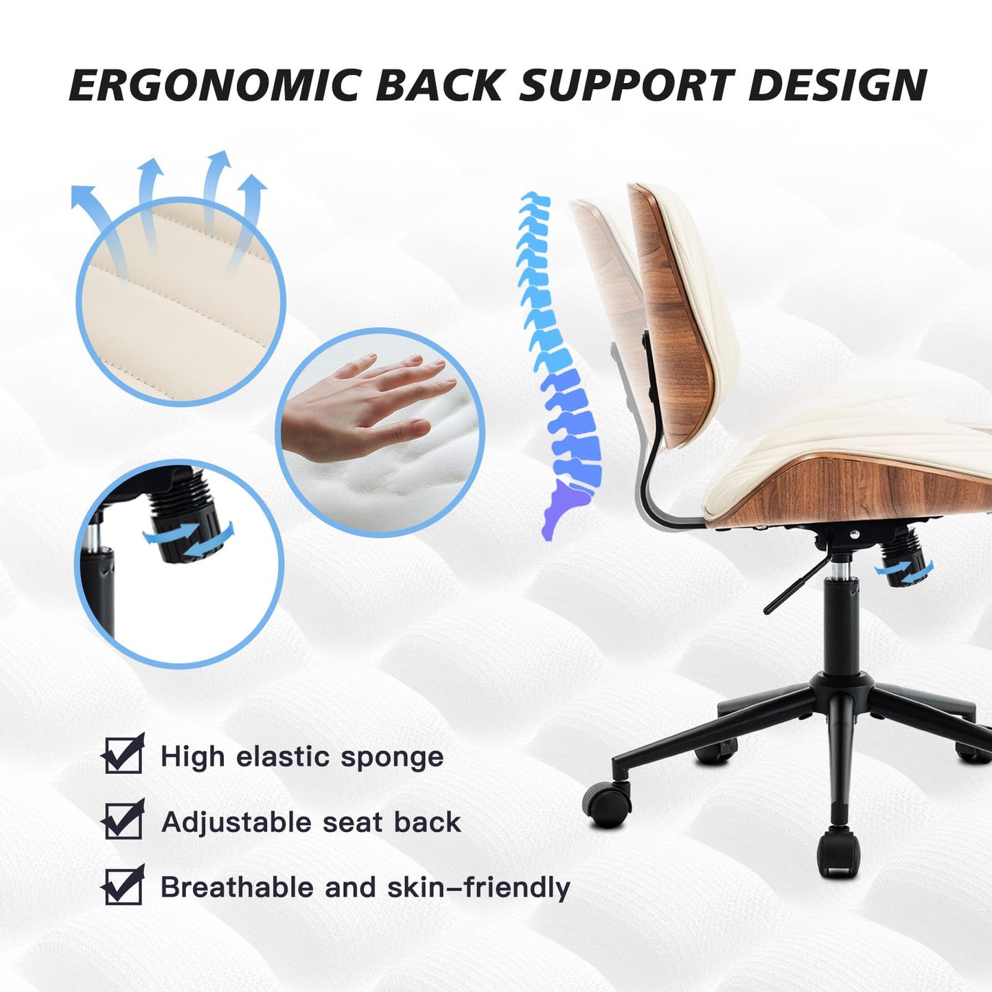 Rongbuk Armless Desk Chair with 360°Swivel Wheels, Ergonomic Adjustable Height Computer Chair for Home Office,PU Leather with Modern Walnut Drafting Chairs for Office, Reading Nook(Beige)