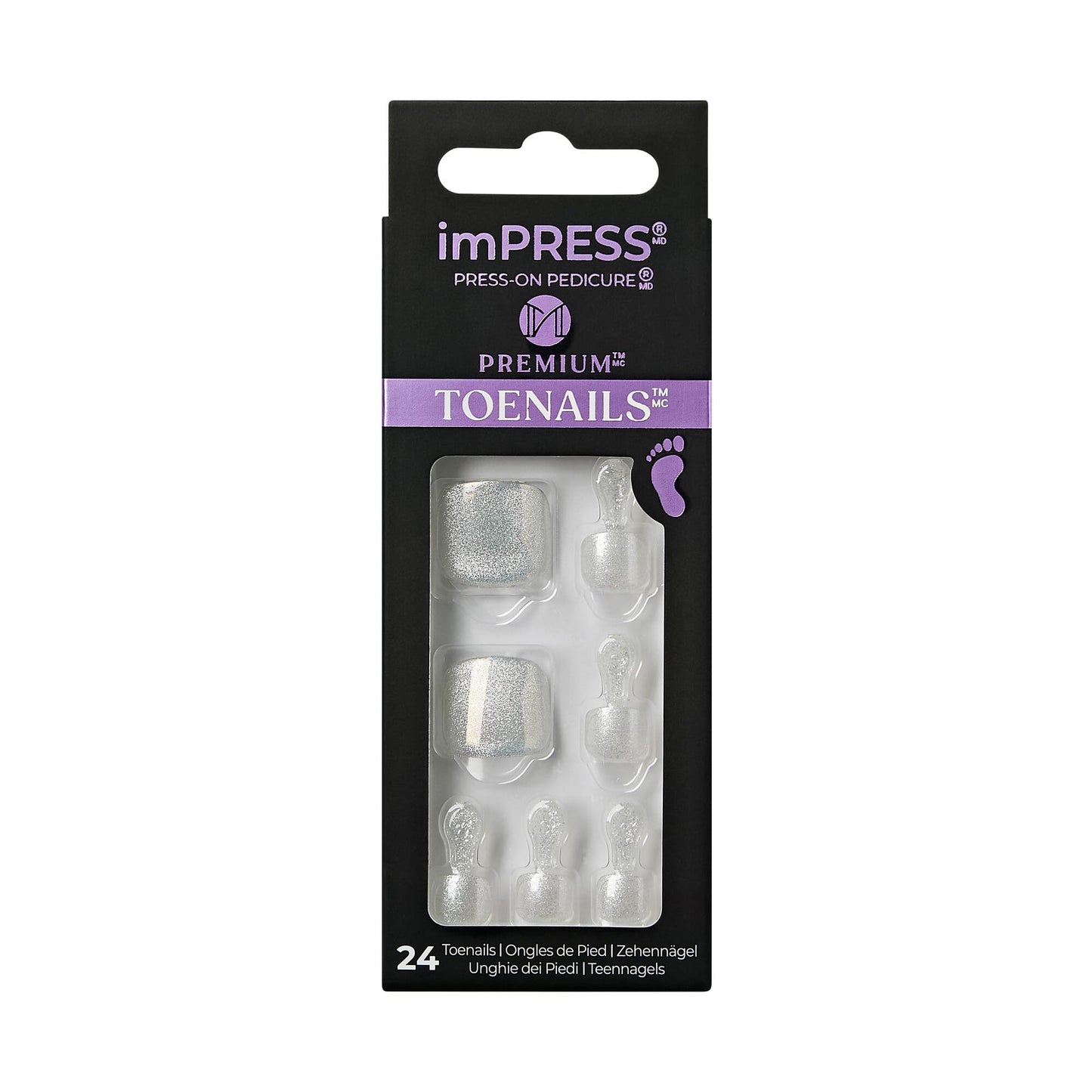KISS Impress Premium No Glue Pedi Press-On Toenails, Sparkling White Silver, Silver Glitter, Squoval Shape, Includes 24 Nails, Prep Pad, 1 Manicure Stick, 1 Mini File
