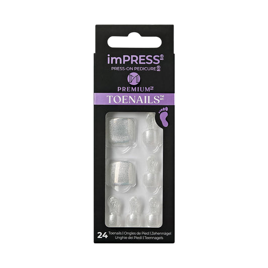 KISS Impress Premium No Glue Pedi Press-On Toenails, Sparkling White Silver, Silver Glitter, Squoval Shape, Includes 24 Nails, Prep Pad, 1 Manicure Stick, 1 Mini File