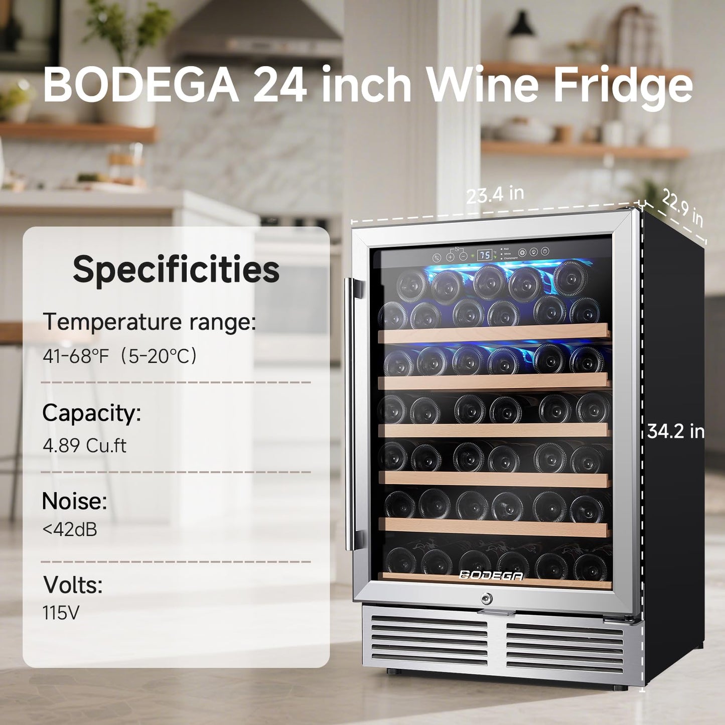 BODEGA Wine Fridge Freestanding, 24 inch Under Counter Wine Refrigerator, Champagne Cooler with App Control, Glass Door, for Kitchen, Bedroom, Home, Office, Holds 52 Bottles