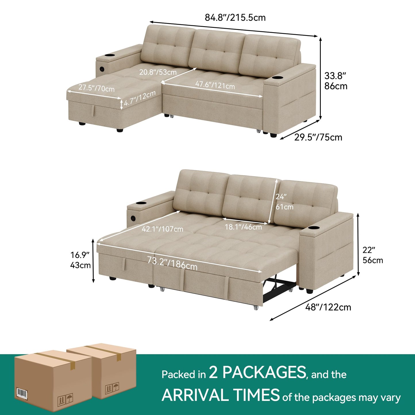 YITAHOME Sleeper Sofa, L-Shaped Sofa Couch Bed with Storage Chaise & USB, Reversible Sleeper with Pull Out Bed, 4-Seat Fabric Convertible Sofa, 2-in-1 Pull Out for Living Room, Beige