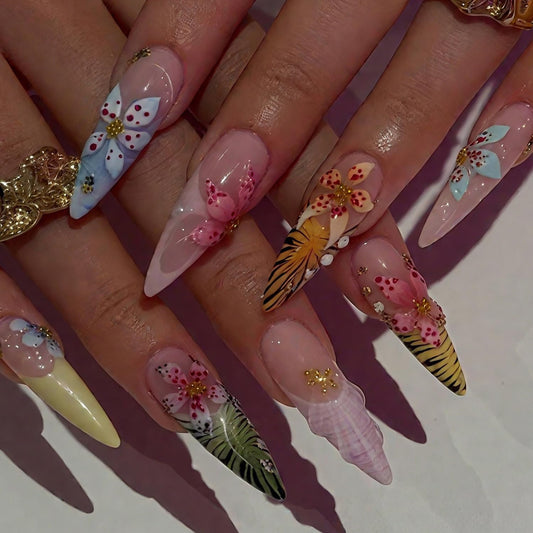 Colorful Flower Press on Nails Long Artificial Acrylic Fake Nails French Leopard Print Gradient 3D Floral Reusable Almond Coffin Stick on Nail Full Cover Gold Beads Artificial Fingernails for Women