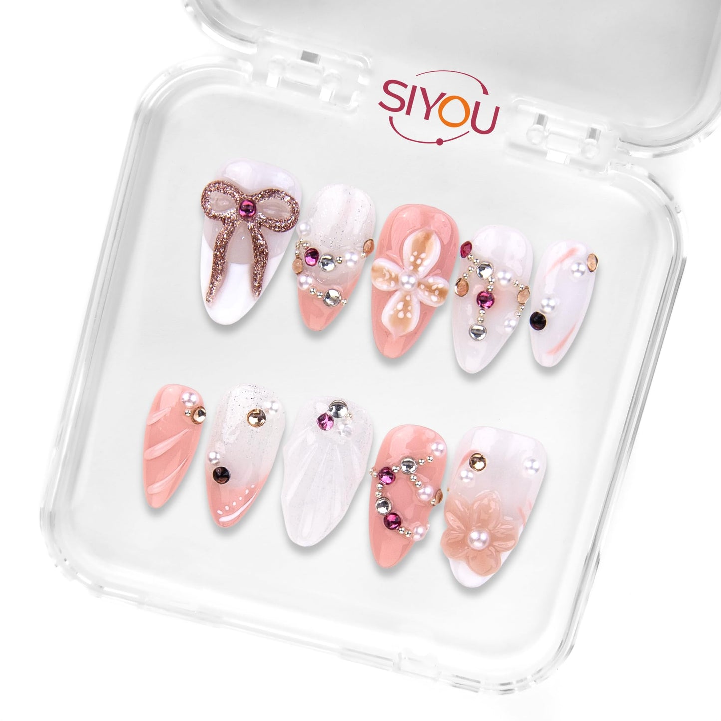 SIYOU Beauty | Luxy Bay | Pink and White Luxury Short Almond Press On Nails for Women (Medium) - Reusable, Salon-Quality Fake Nails (10pc)