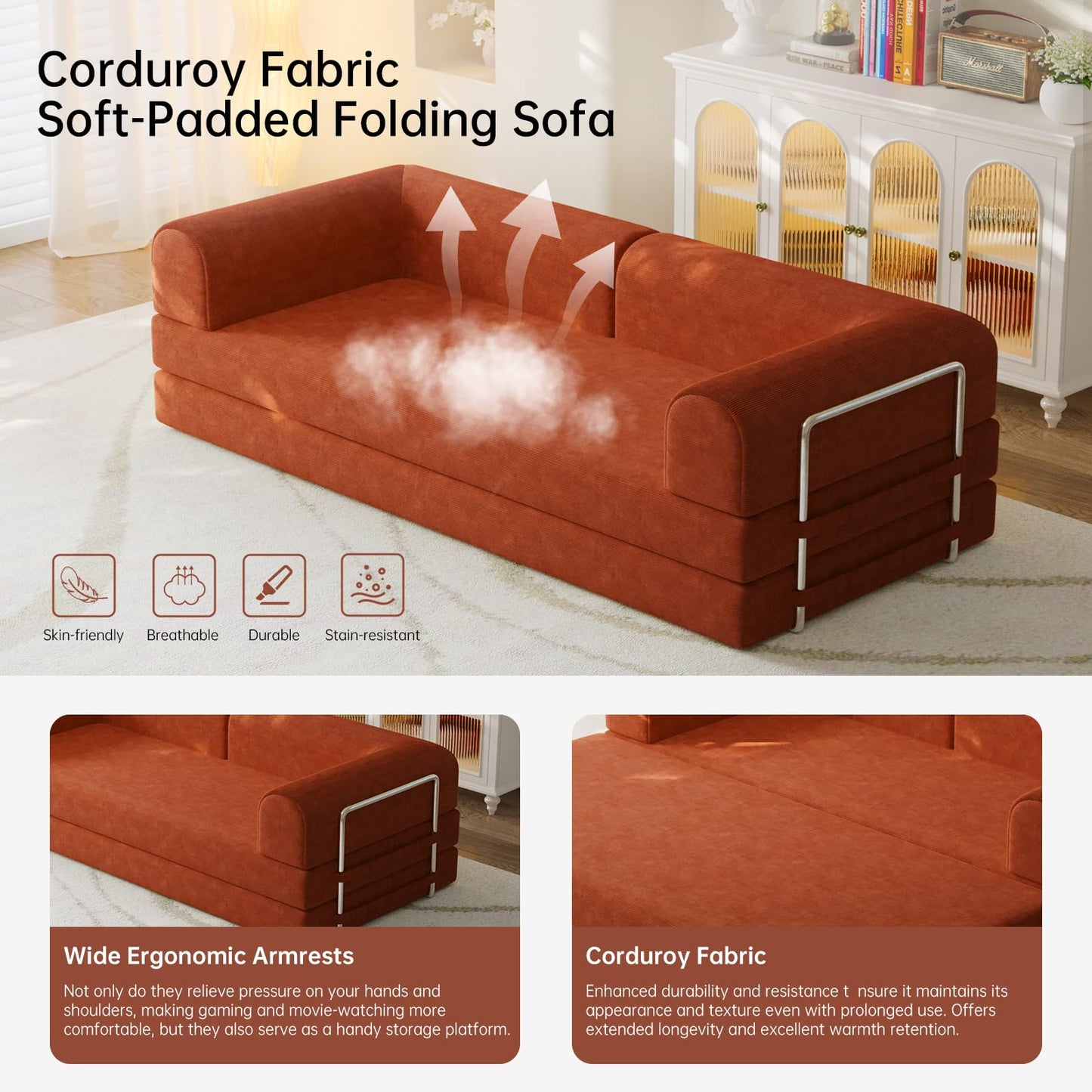 79” Convertible Sofa Bed, 35D High-Density Foam&Corduroy Fabric Sleeper Couch Bed, Fixed-Shape Frame & Removable Armrests,Modular Folding Small Loveseat Futo, Sectional Funto Couch for Small Spaces