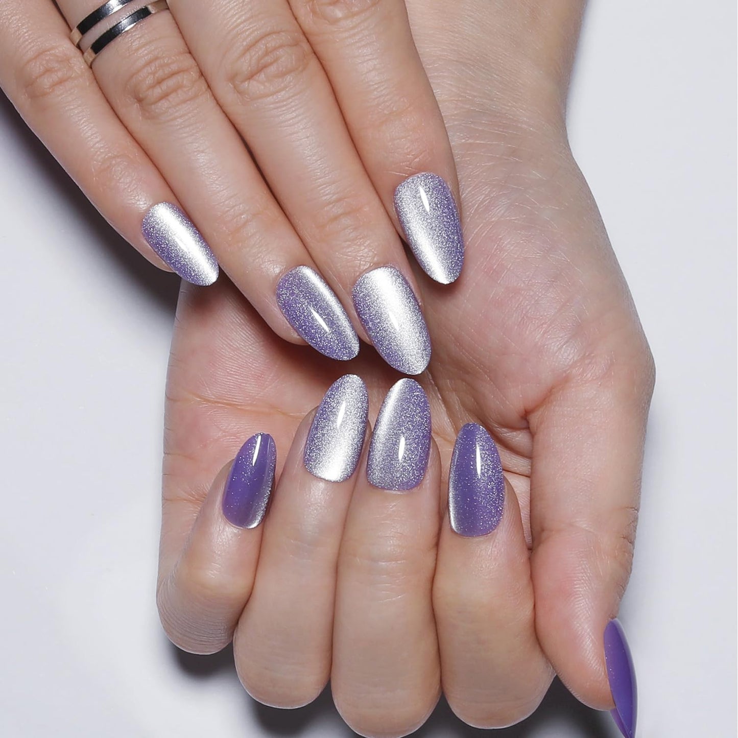 Purple Ombre Cat Eye Press on Nails, Glossy Metallic Gradient Almond Shape False Nails, Elegant & Modern for Women, 24PCS Nail Kit
