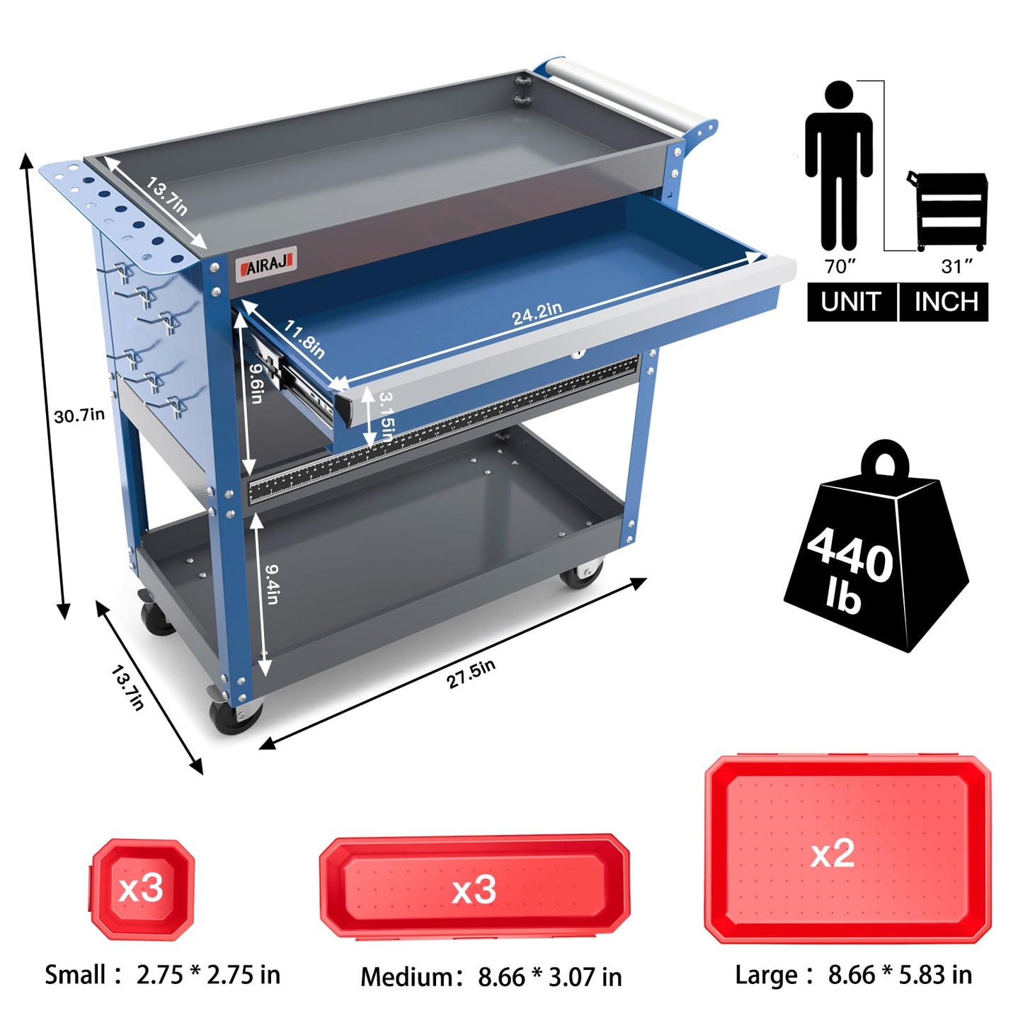 AIRAJ 3 Tier Rolling Tool Cart on Wheels | Mechanic Tool Cart with Drawers | Utility Carts for Garage,Repair Room,Warehouse Workshop | Work Carts with Hooks,Liners,Tray Dividers,Brake | Blue