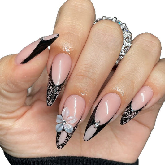 Long Press on Nails Almond Fake Nails Black Acrylic Nail Press Ons Seeneey Flowers Designs French Stick on Nail for Women 24pcs