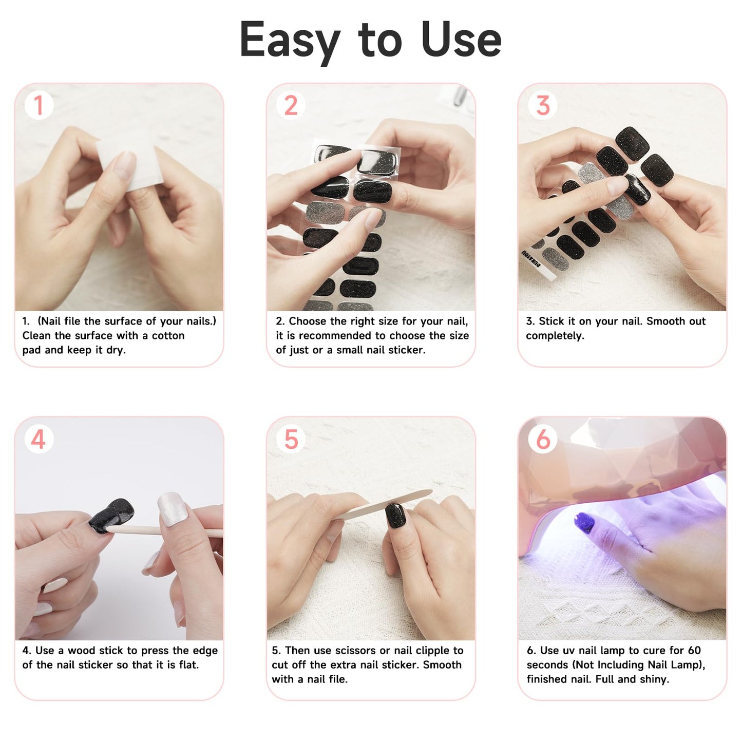 DUKASOU Semi Cured Gel Nail Strips, 56Pcs Nail Art Stickers/Wraps, Long Lasting UV Nail Polish Strips for Adults(Silver+Sequined Black)