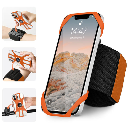 HLOMOM 3in1 Phone Holder for Running,Arm Band/Wrist Holder/Bike Mount,Phone Armbands 360° Rotation & Detachable Fit All 4.5-7" Phone for iPhone 17/16/15/Pro/14/13/12/mini/Pro Max/XS/XR (Orange)