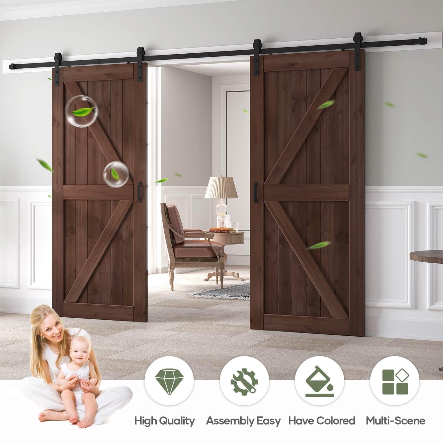 ROYMELO Double 34x84 inch Sliding Barn Wood Door Slab with 6ft Hardware Kit and Handle