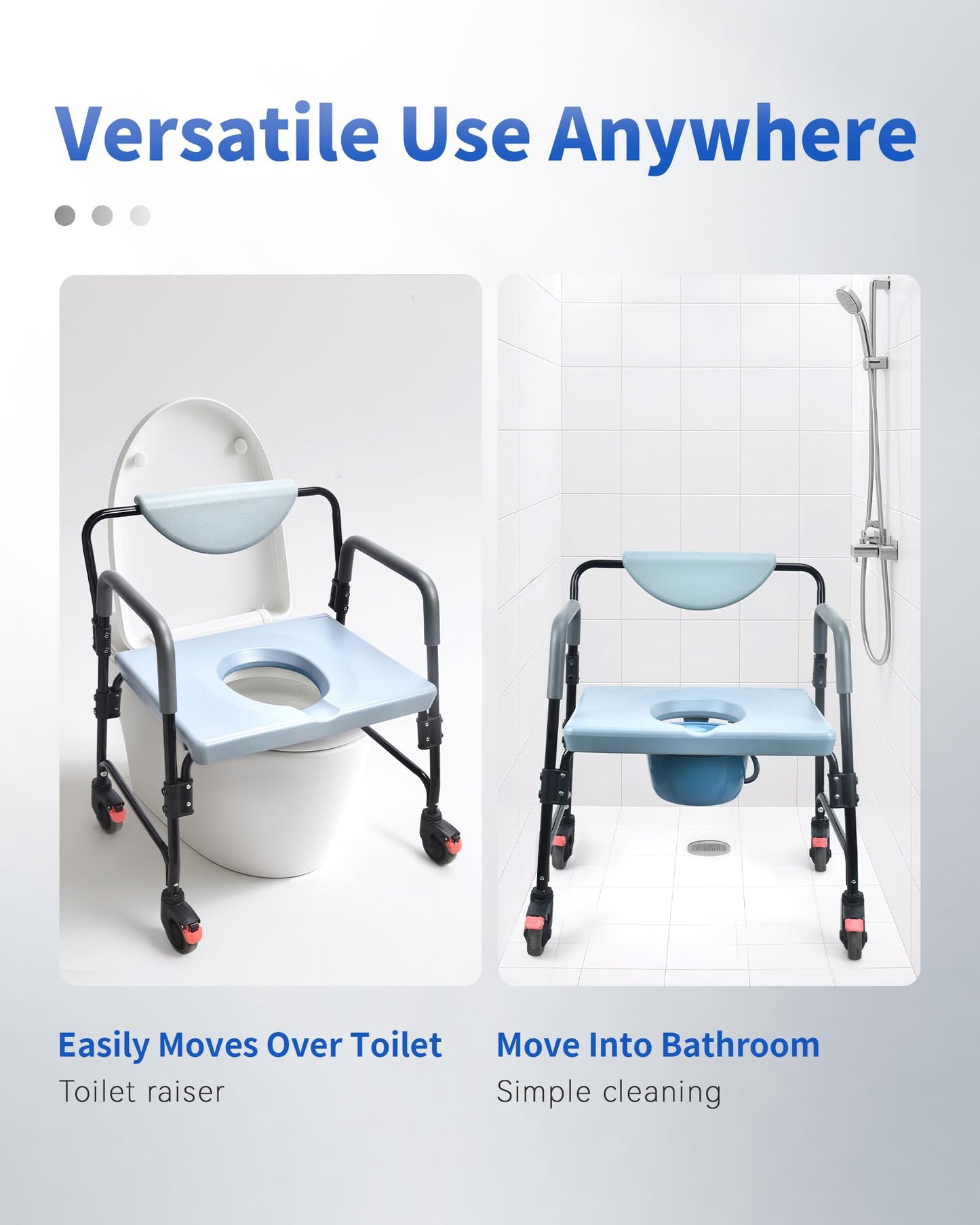 Sangohe Bedside Commode, Portable Toilet for Elderly, Rolling Commode with Wheels, Rear Locking Wheels, Bariatric Bedside Commode, 7-qt Commode Bucket Included, Extra Wide Seat, 601A