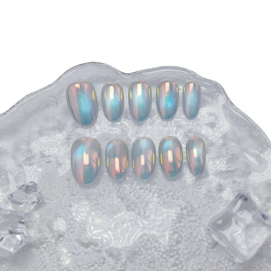 Cat Eye Press on Nails Handmade Short Oval/Square/Round False Nails with French Tip/Aurora/Magnetic Shimmer Designs (Aurora#Bubbles M)