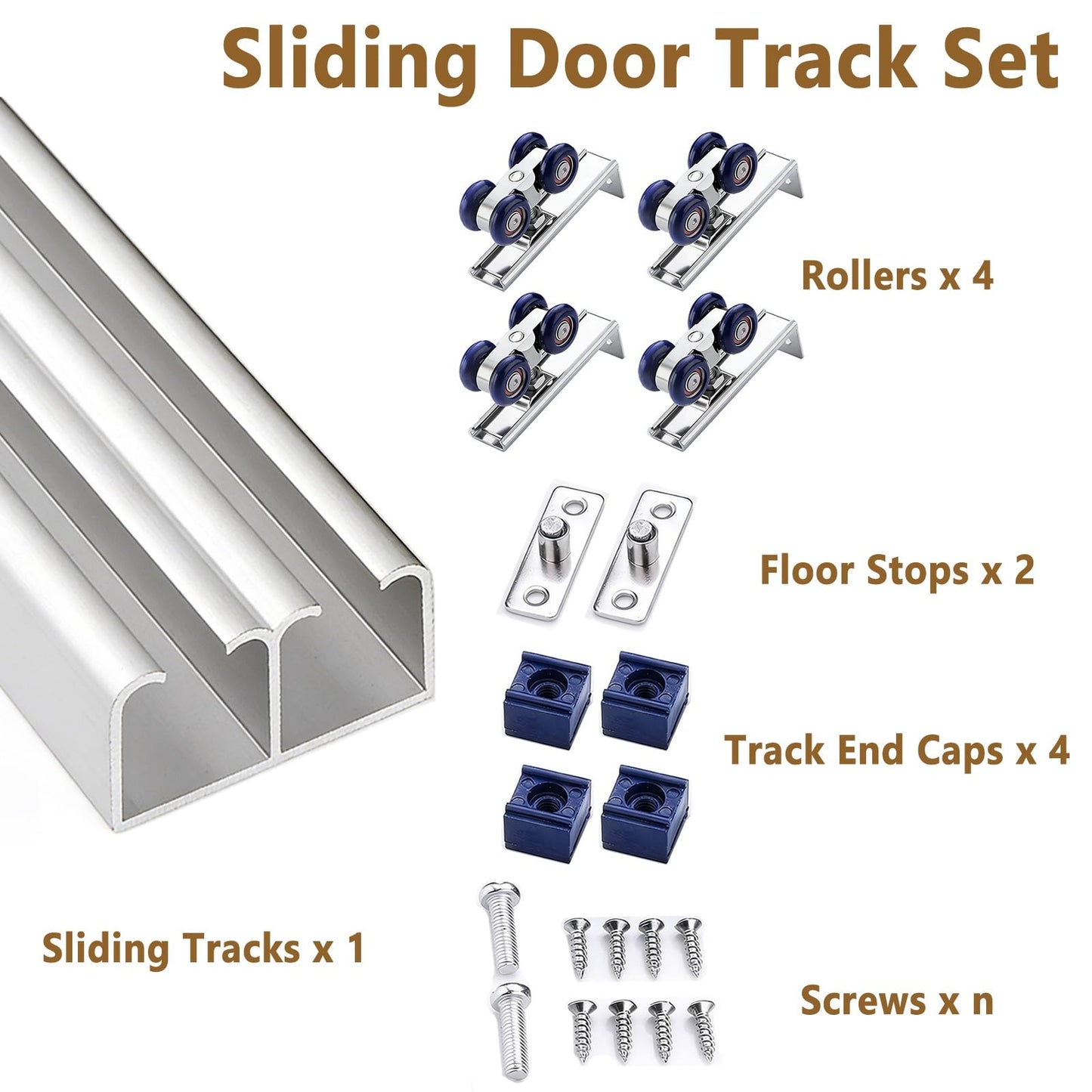 Aluminum Alloy Sliding Door Track Kit, 3/4/4.5/5/5.5/6/10/12 Ft Heavy-Duty Double Rail Hardware with Zinc-Nylon Pulleys, Bypass Ghost System(Champagne,6.2ft/189cm)