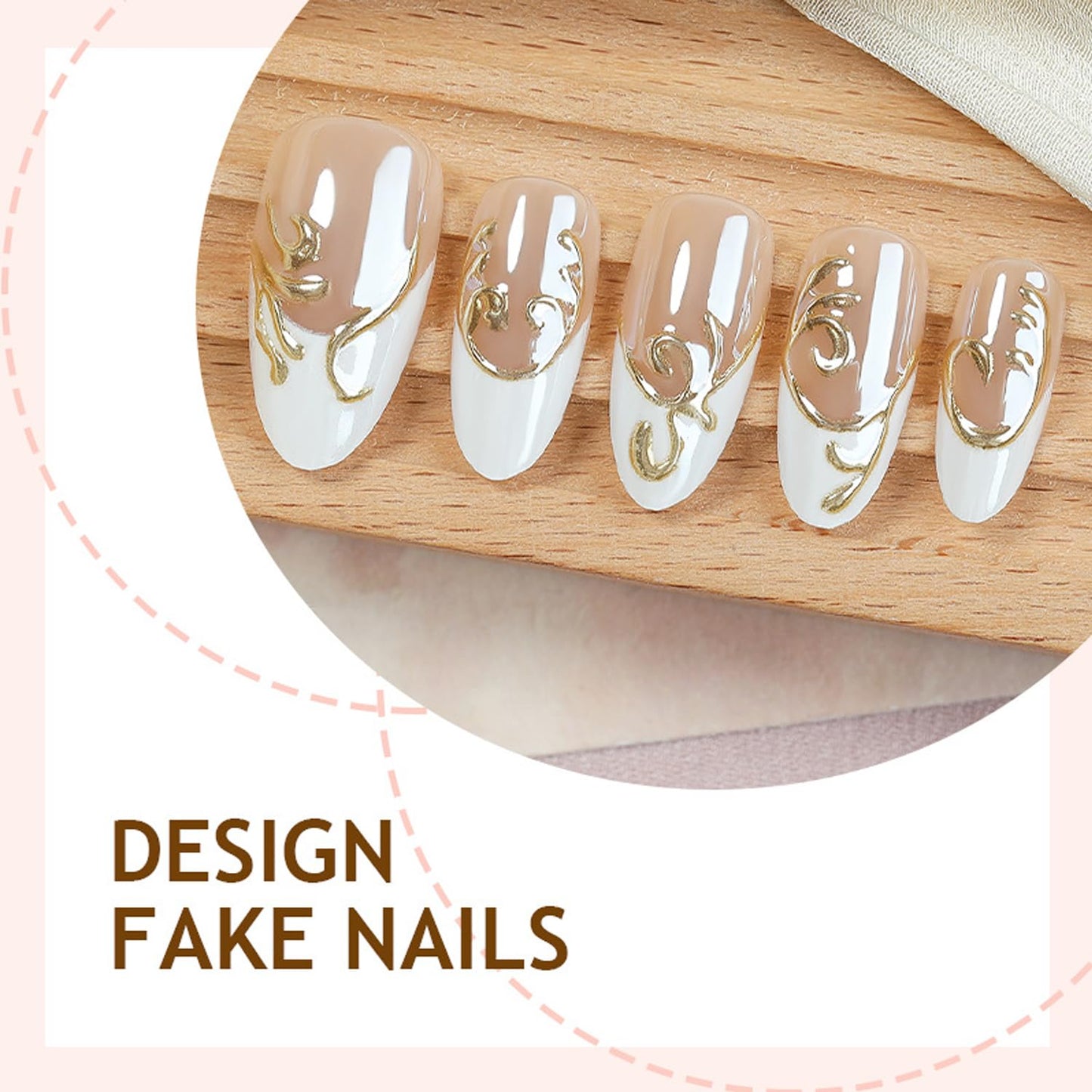 30Pcs White French Tip Press on Nails - Medium Almond Fake Nails 3D Chrome Gold False Nails Gilded Line Gel Acrylic Nails Nude Glossy Full Cover Irregular Gold Line Artificial Stick on Nail for Women