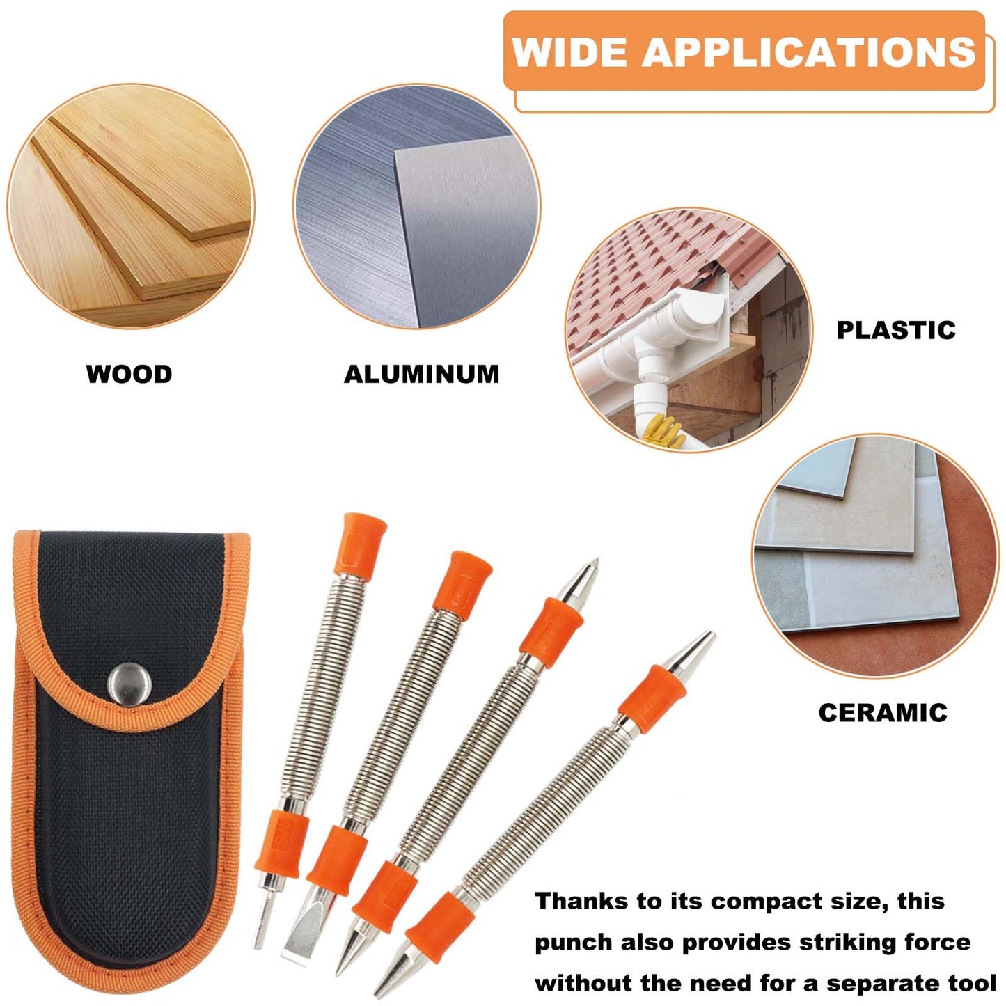 WHLLING 4 Pieces Dual Head Nail Setter, Dual Head Center Punch, Door Hinge Pin Removal Tool and Cold Chisel, Spring Nail Set, Spring Loaded Punch（1/8-in, 3/32-in, 3/16-in, 1/16-in, 5/16-in, 1/8-in）