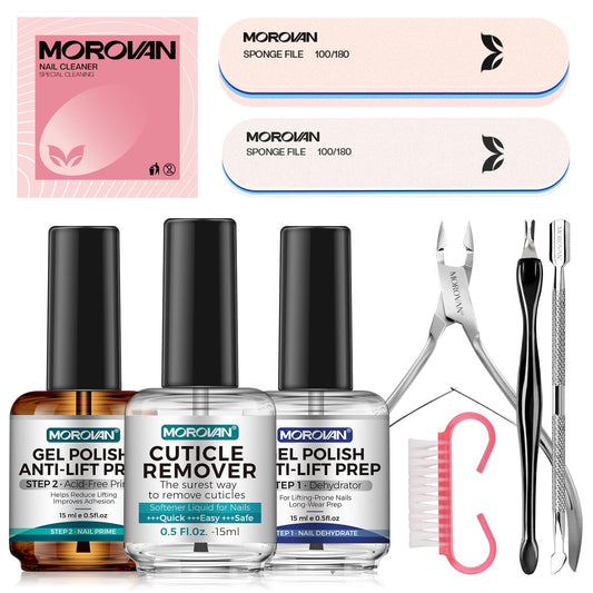 Morovan Nail Prep and Care Kit: Nail Dehydrator and Acid-Free Primer | Cuticle Remover | Cuticle Trimmer Cuticle Pusher & Cuticle Nipper | Cleaner Pads/Nail File/Buffer/Brush - For DIY Manicure Tool