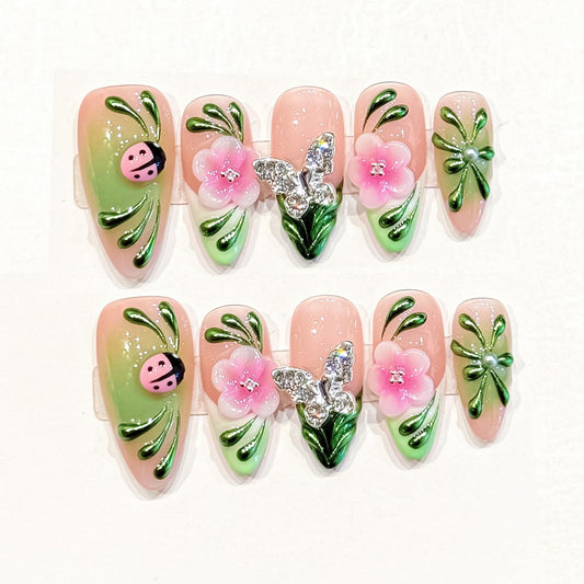 Luxury Press on Nails Medium Almond Handmade 3D Unique Reusable Gradient Flowers Fake Nails French Tip False Nails with Designs Butterfly Glossy Glue on Nail Thick Acrylic Nail for Women10Pcs（S)