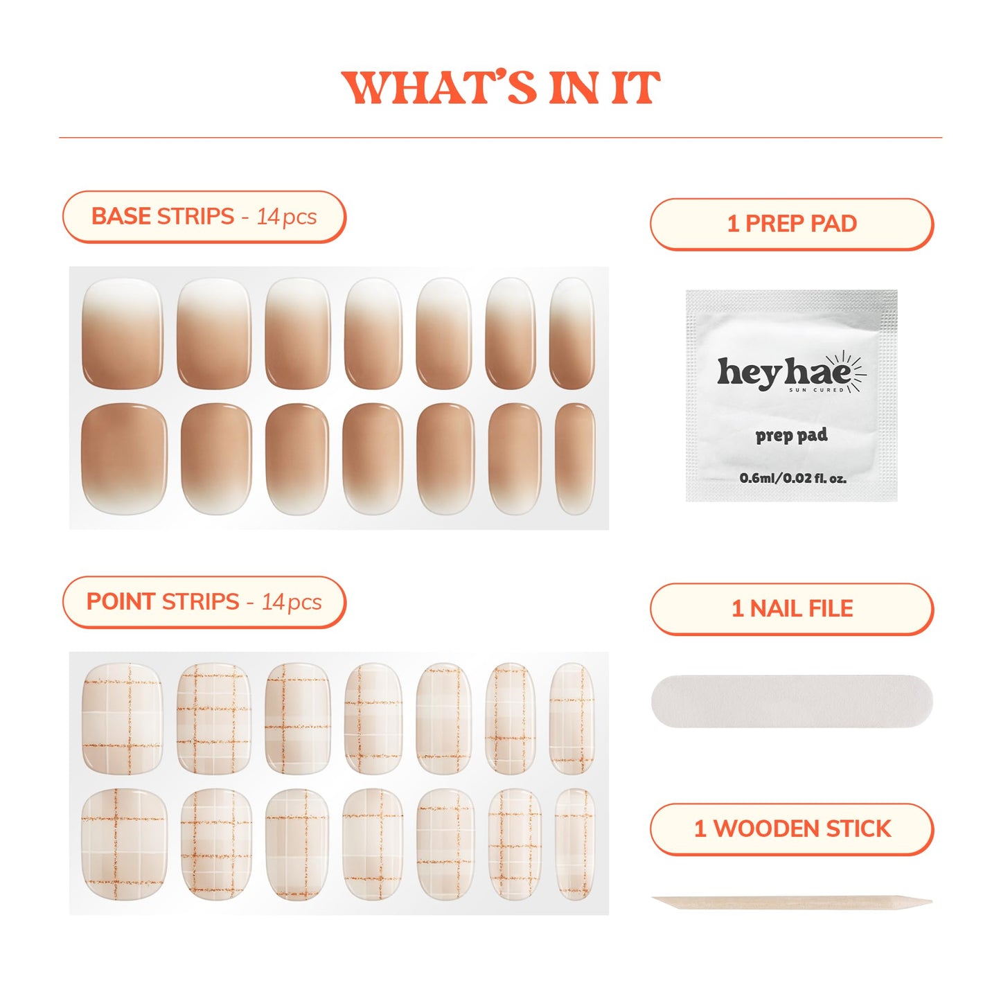 Heyhae Semi Cured Gel Nail Strips | No LED Lamp Needed | Ombre, Beige, Brown | Easy Apply & Remove, Salon Quality | Includes 28 Strips, 1 Prep Pads, Nail File & Wooden Stick - Hey, You're So Kind