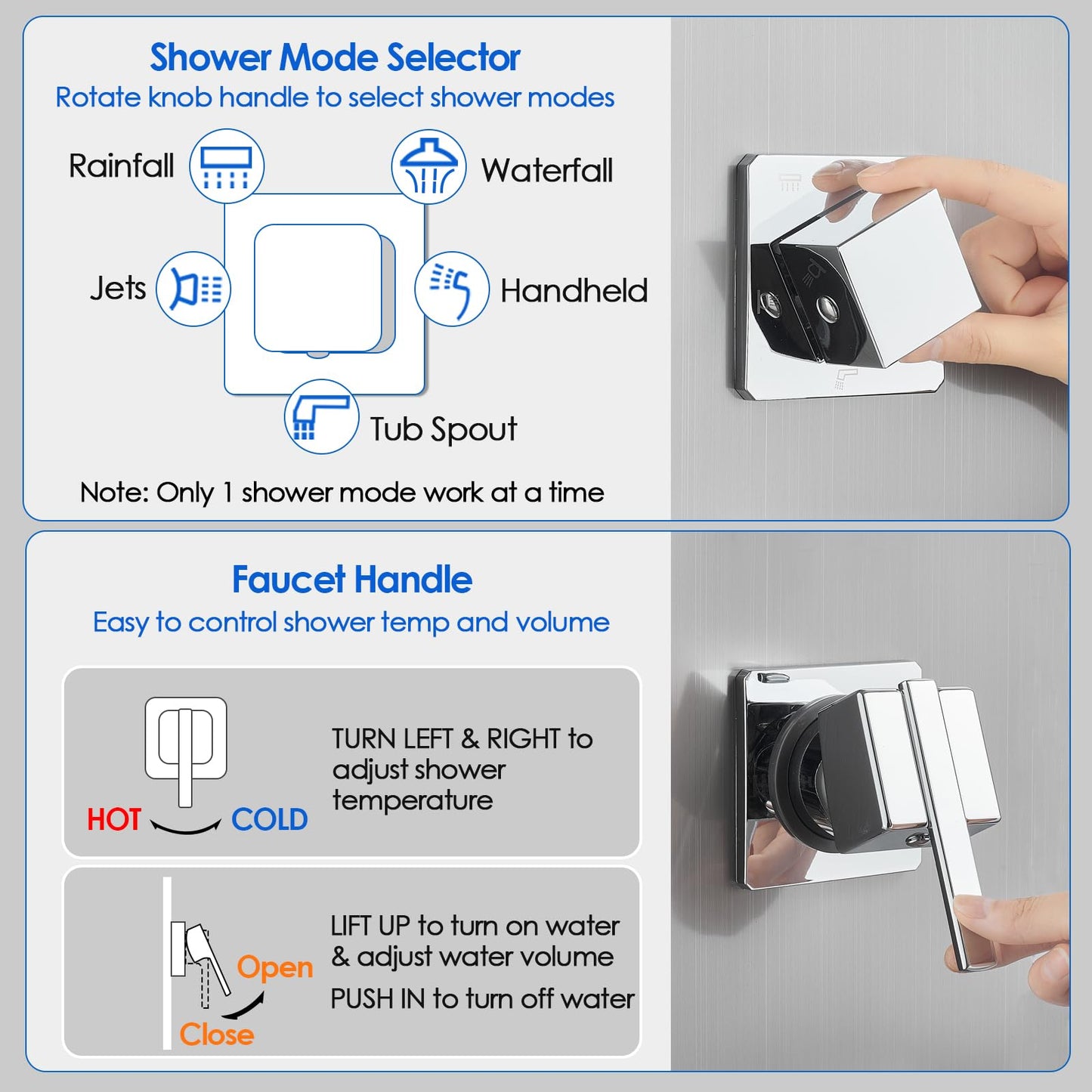ROVOGO LED Shower Panel Tower System 46.5", 5-Function Shower Column with Rainfall Waterfall Shower Head, 4 Body Jets, Handheld and Tub Spout, Stainless Steel Brushed