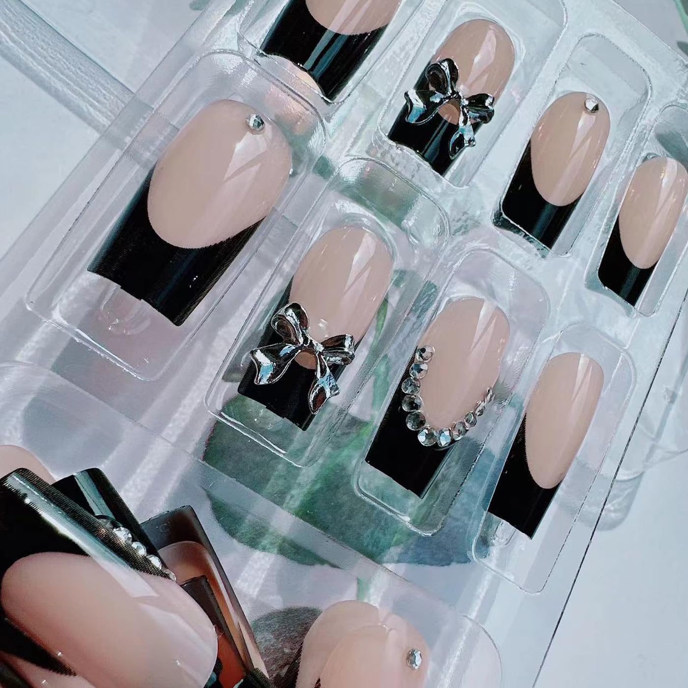 24Pcs Black French Press on Nails Long Coffin Fake Nails with Charm Bow Design,French Tip DIY Manicure Square False Nails Press ons Glitter Rhinestone Nails Kit for Women,Daily Wear Nail Decorations