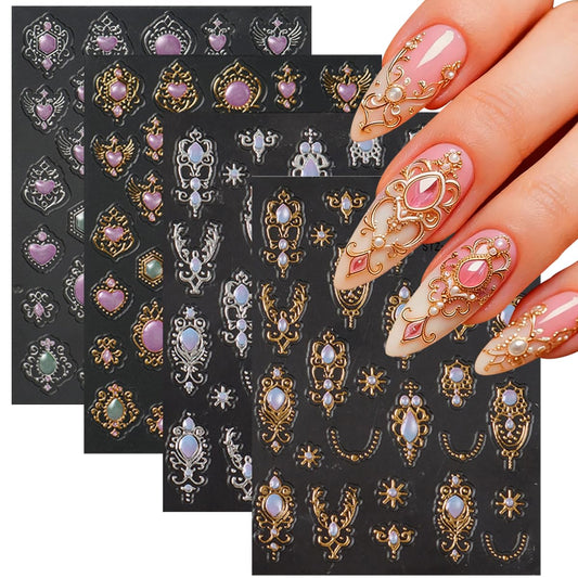 4 Sheets Flower Nail Art Stickers 5D Embossed Retro Floral Gemstone Nail Decals Gold Silver Carving Luxury Baroque-Style Scepter Self-Adhesive Nail Art Supplies for Women DIY Manicure Decoration
