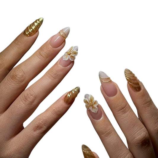 Almond Press on Nails Long Fake Nails Gold Acrylic Nail Press ons Seeneey Flowers Cute Stick on Nail for Women 24pcs
