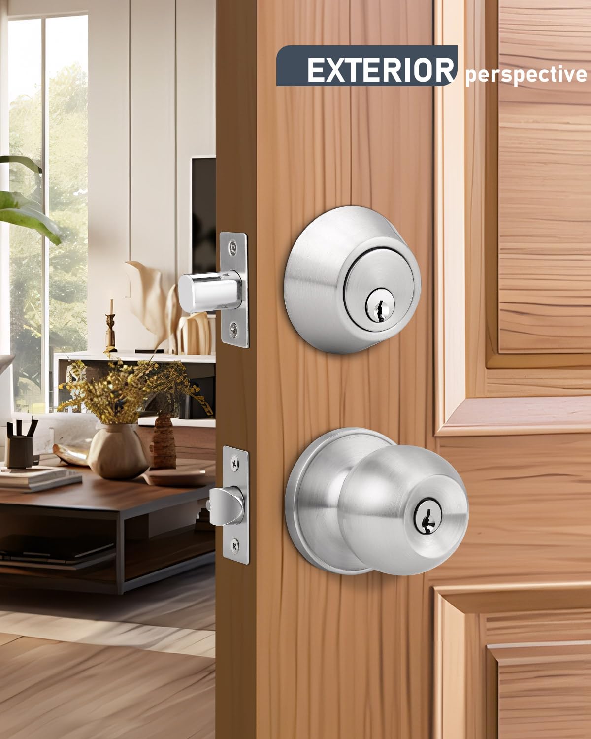 Brotima 4 Pack Keyed Entry Door Knob and Single Cylinder Deadbolt Combination Set in Satin Nickel, Keyed Alike Exterior Knob Door Handle and Deadbolt Lock and Key, Round Locking Lever Handle Set