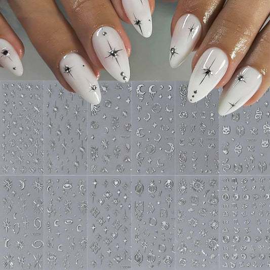12 Sheets Silver Nail Art Stickers Star Nail Stickers Sun Moon Nail Decals Self Adhesive Evil Eye Nail Art Supplies for Women Girls DIY Manicure Nail Art Decorations
