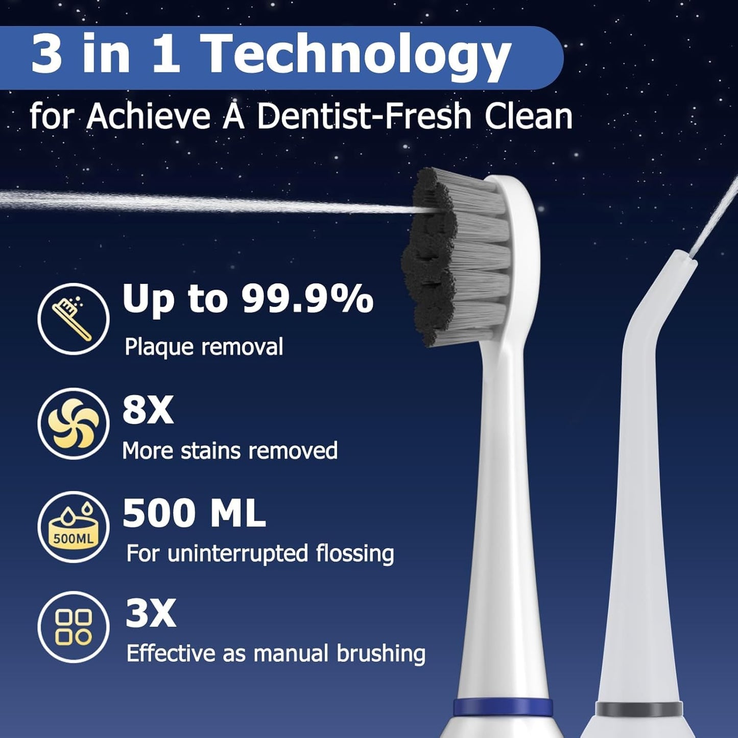 Electric Toothbrush with Water Flosser, Upgrade Flossing Toothbrush Combo with 3 Brush + 1 Nozzle, 5 Floss Speeds&3 Brush Modes, 500mL Tank, 30-Day Battery, for Adults & Teens, Gums, Braces-White